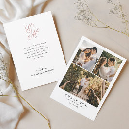 シンプルエレガントほこりっぽいピンクのモノグラム結婚写真 サンキューカード