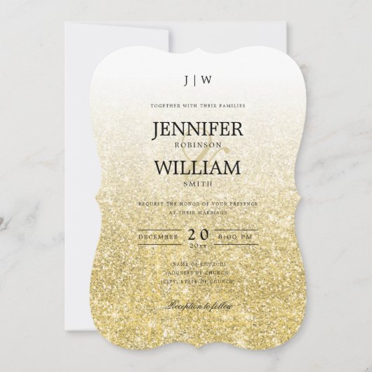 シンプルエレガントウェディング金ゴールドグリッターモノグラム 招待状 (正面)