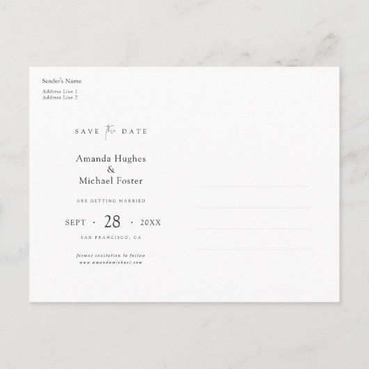 シンプルエレガントカスタム日付を保存結婚する 案内ポストカード (裏面)