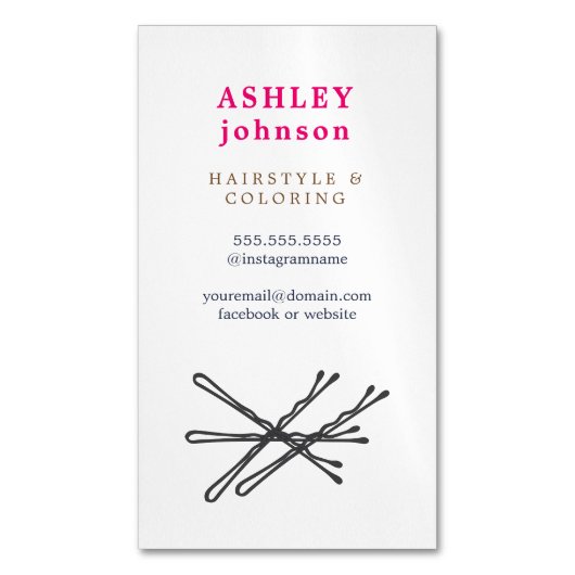 シンプルエレガントカラフルフォントピンのヘア マグネット名刺 (正面縦)