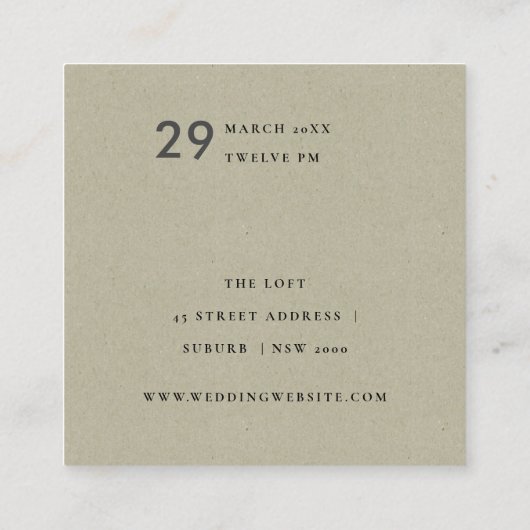 シンプルエレガントクラフト白タイポグラフィ結婚ズ スクエア名刺 (裏面)