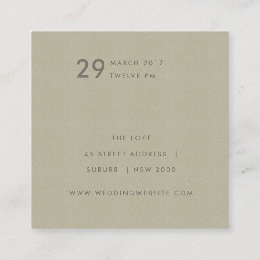 シンプルエレガントクラフト白タイポグラフィ結婚ズ スクエア名刺 (裏面)