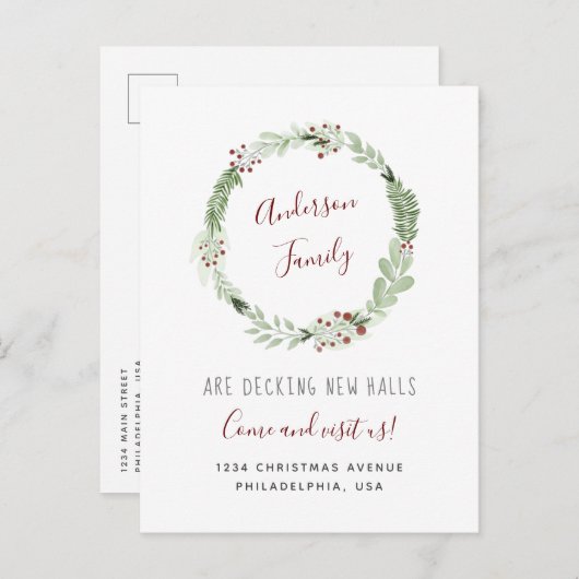 シンプルエレガントクリスマスリース書道移動 案内ポストカード (正面/裏面)