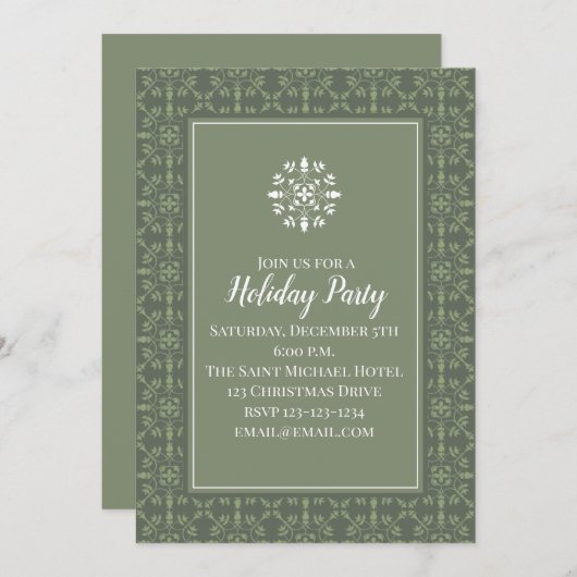 シンプルエレガントグリーンスノーフレーククラシック模様 招待状 (正面/裏面)