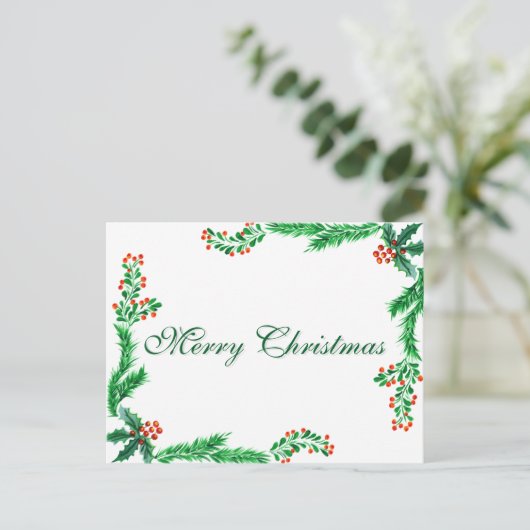 シンプルエレガントグリーンリーフデコーメリークリスマスホー シーズンポストカード (スタンド正面)