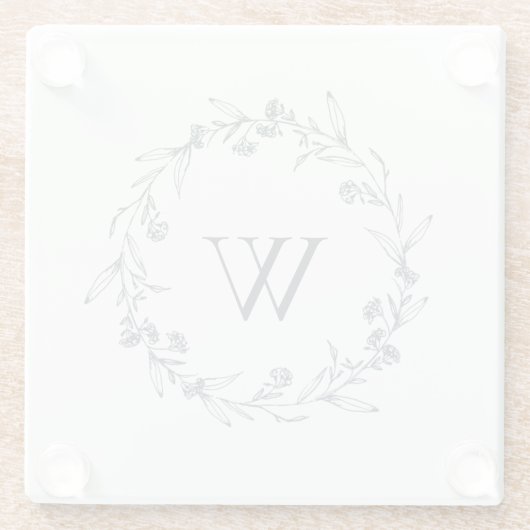 シンプルエレガントグレイフローラローレルリースモノグラム ガラスコースター (裏面)