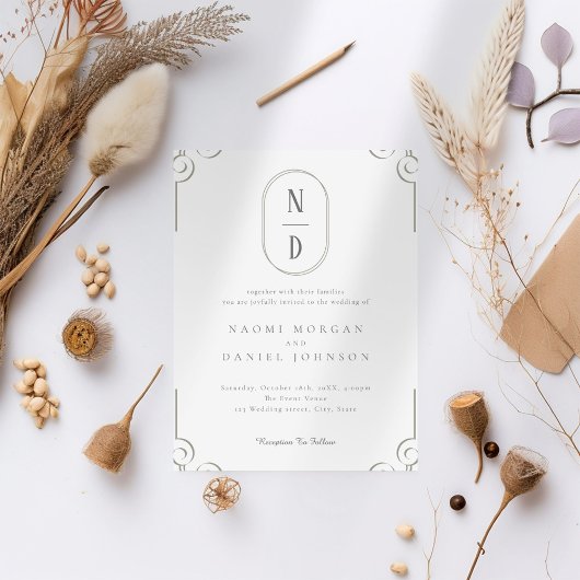 シンプルエレガントグレーのスクロール結婚枠 招待状