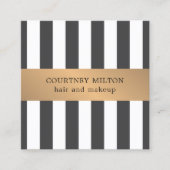 シンプルエレガントグレー白フェイク金ゴールドストライプ スクエア名刺 (正面)