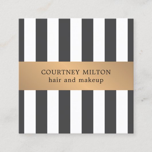 シンプルエレガントグレー白フェイク金ゴールドストライプ スクエア名刺 (正面)