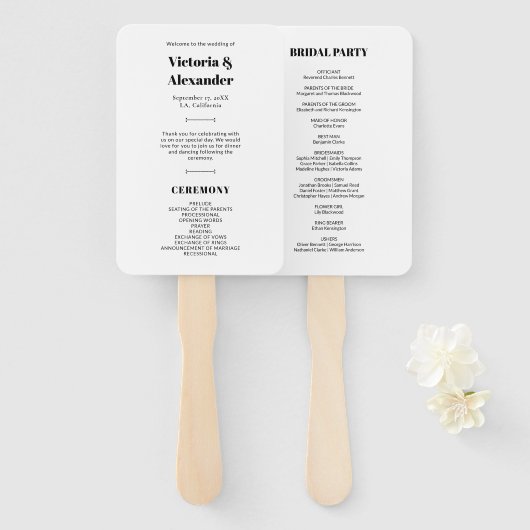 シンプルエレガントシックブラック&ホワイト結婚式 プログラム ハンドファン (正面&裏面)