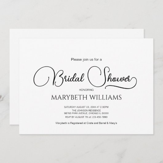 シンプルエレガントスクリプトブライダルシャワー 招待状 (正面/裏面)