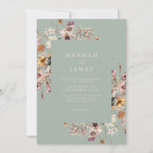 シンプルエレガントセージグリーンフローラ結婚ズ 招待状 (正面)