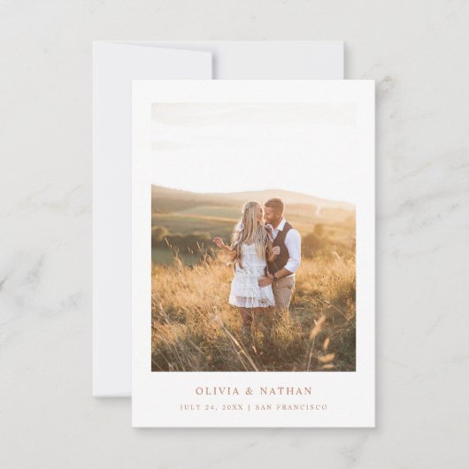 シンプルエレガントテラコッタ文字と写真 | 結婚s セーブザデート (正面)