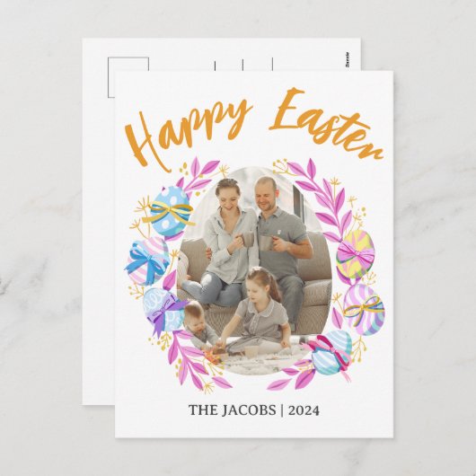 シンプルエレガントハッピーイースター家族1枚 シーズンポストカード (正面/裏面)