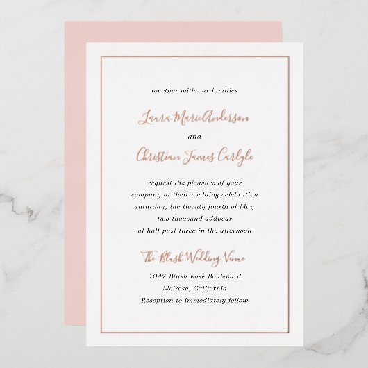 シンプルエレガントピフォーマルンク赤面結婚のバラ金ゴールド 箔招待状 (正面/裏面)