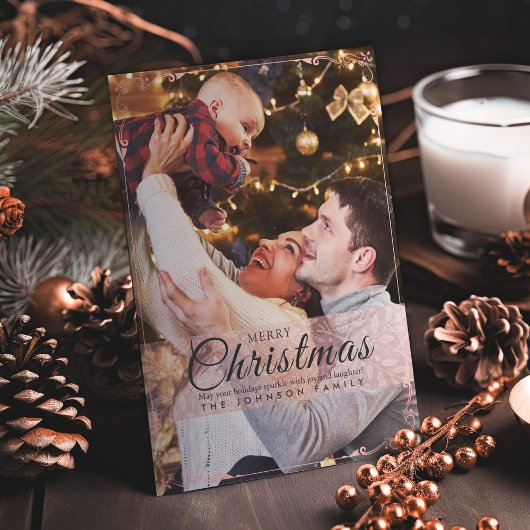 シンプルエレガントピンクのフレーム写真クリスマス シーズンカード