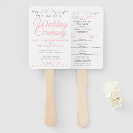 シンプルエレガントピンクホワイト&グレー結婚式 プログラム ハンドファン (正面&裏面)