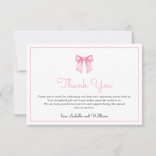 シンプルエレガントピンクボウベイビーシャワー サンキューカード (正面)