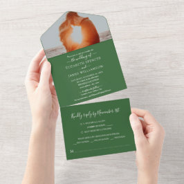 シンプルエレガントフォトウェディングRSVPグリーン オールインワン招待状