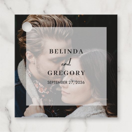 シンプルエレガントフォトオーバーレイ結婚スクリプト フェイバータグ (正面)