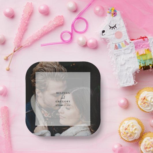 シンプルエレガントフォトオーバーレイ結婚スクリプト ペーパープレート (パーティー)