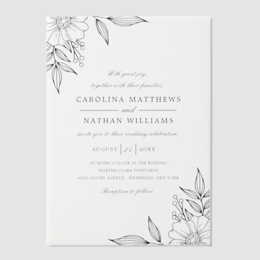 シンプルエレガントフローラコーナ結婚ーのオーバーレイ ベラム紙招待状 (正面)