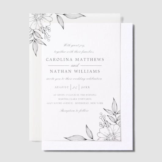 シンプルエレガントフローラコーナ結婚ーのオーバーレイ ベラム紙招待状 (オフセット)