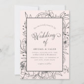 シンプルエレガントフローラスケッチピンク&グレー結婚ズ 招待状 (正面)