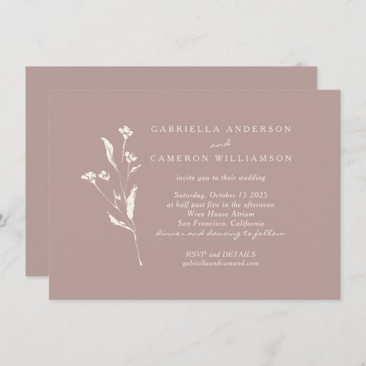 シンプルエレガントフローラダスティーマウヴアイボリー結婚ズ 招待状 (正面/裏面)