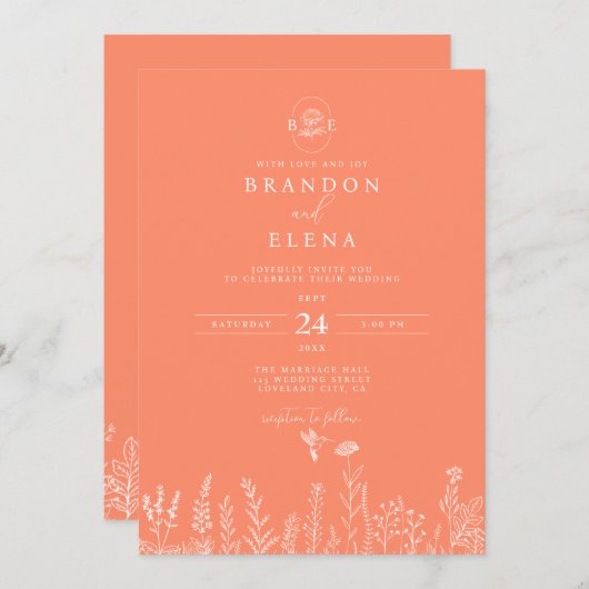 シンプルエレガントフローラボタニカル結婚コーラル 招待状 (正面/裏面)