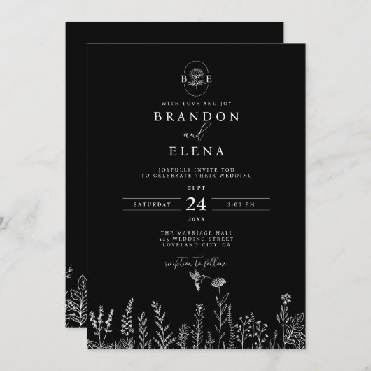 シンプルエレガントフローラボタニカル結婚ブラック 招待状 (正面/裏面)