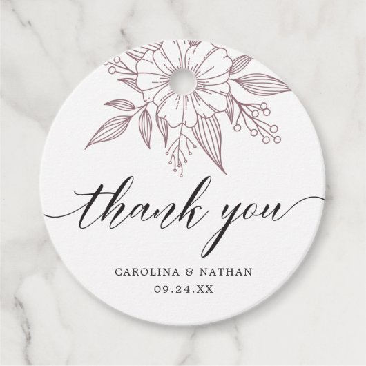 シンプルエレガントフローラ結婚の感謝Mauve フェイバータグ (正面)