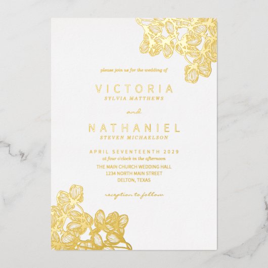 シンプルエレガントフローラ結婚サマー実在金ゴールド 箔招待状 (正面)
