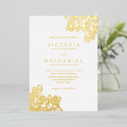 シンプルエレガントフローラ結婚サマー実在金ゴールド 箔招待状 (立ち正面)
