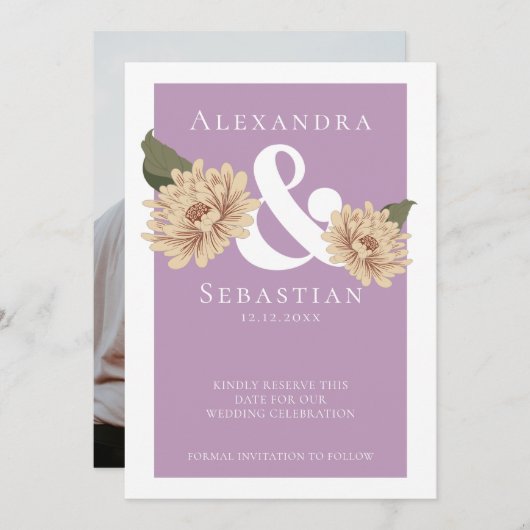 シンプルエレガントフローラ結婚式の日付の保存 セーブザデート (正面/裏面)