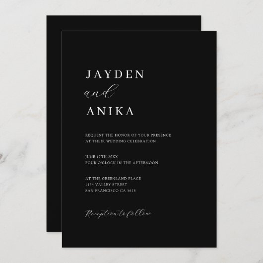 シンプルエレガントブラック&ホワイト結婚ズ 招待状 (正面/裏面)