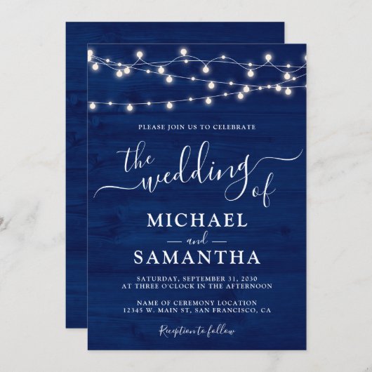 シンプルエレガントブルーウッド素朴結婚ズ 招待状 (正面/裏面)