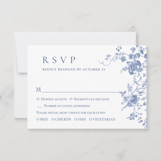 シンプルエレガントブルーフランスのガーデン結婚フローラ 出欠カード (正面)