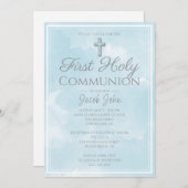 シンプルエレガントブルーマーブルファースト・ホリー・コミュニオン 招待状 (正面/裏面)