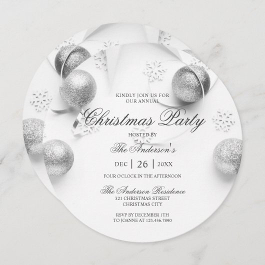 シンプルエレガントホワイトとシルバーのクリスマスパーティー 招待状 (正面/裏面)