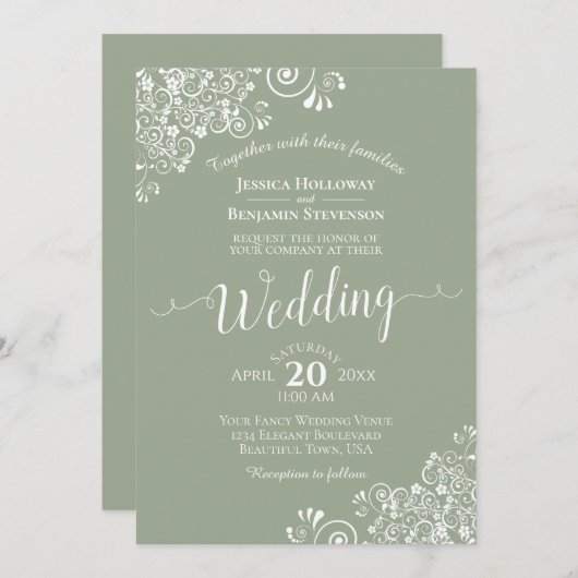 シンプルエレガントホワイトレースオンセージ結婚グリーン 招待状 (正面/裏面)