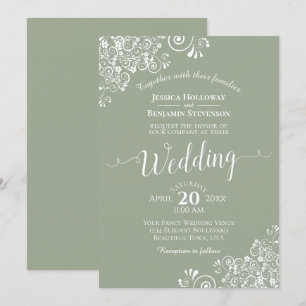 シンプルエレガントホワイトレースオンセージ結婚グリーン 招待状