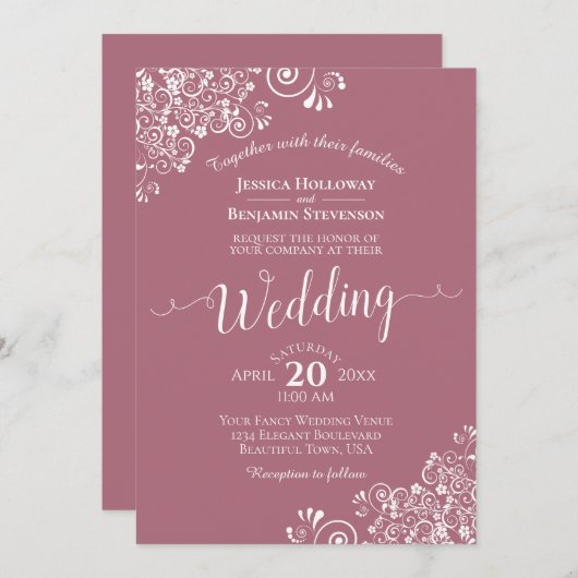 シンプルエレガントホワイトレースオンダスティバラ結婚ズ 招待状 (正面/裏面)