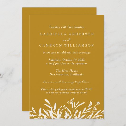 シンプルエレガントボタニカルマスタードボホ結婚ズ 招待状 (正面/裏面)