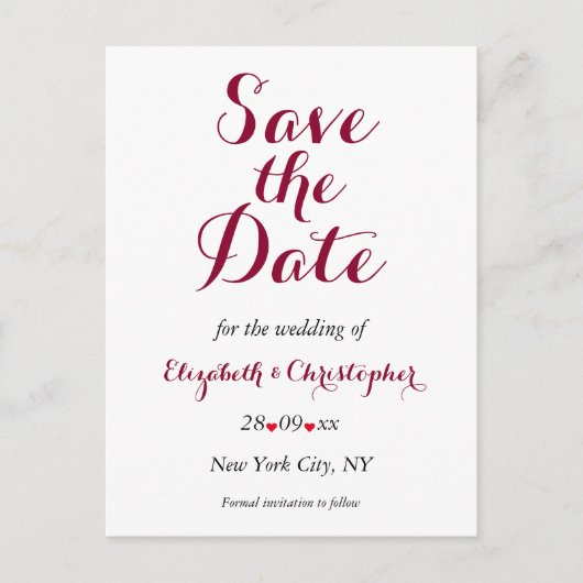 シンプルエレガントマルサラ白い結婚式の日付を保存 ポストカード (正面)