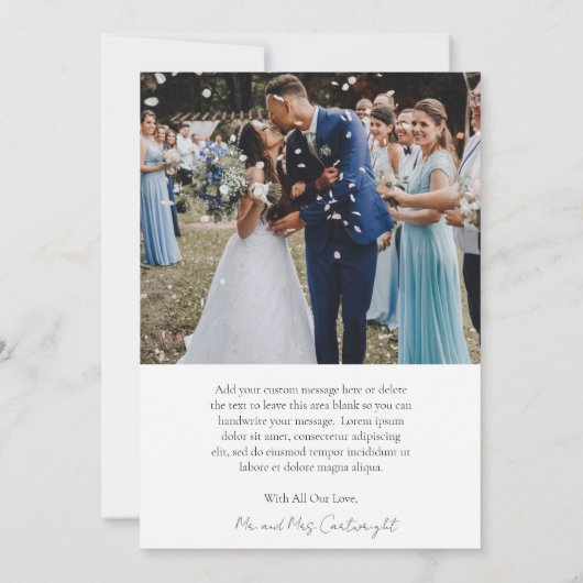 シンプルエレガントミニマクラシックルの写真結婚の サンキューカード (裏面)