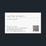 シンプルエレガントミニマルプロフェッショナルモダンQRコード 名刺<br><div class="desc">ビジエレガントャースと白黒シンプルのデザインを備えたミニマル名刺。右伝統的にqrコーモダンドの機能を持つレイアウトQRコードを生成するためにウェブサイトのURLを追加するか、デザイン編集ツールでそれを削除する。背面には、スクリプト内のタグラインやその他の情報がエレガントある。このプロフェッショナル名刺は、あらゆる種類のビジネスに幅広く使用できる。</div>