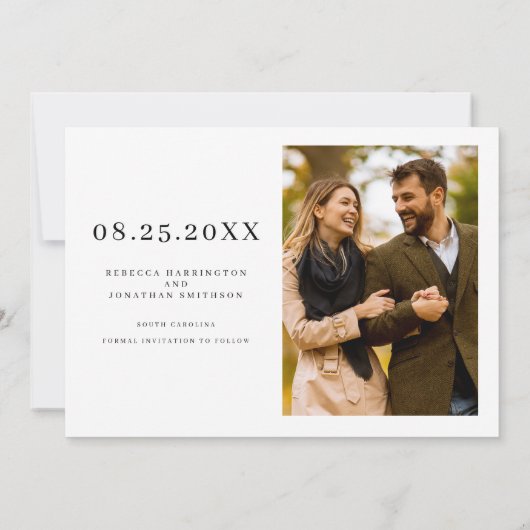 シンプルエレガントミニマル写真の結婚式 セーブザデート (裏面)