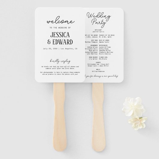 シンプルエレガントミニマル白黒結婚式 プログラム ハンドファン (正面&裏面)