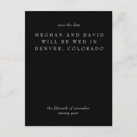 シンプルエレガントミニマル黒モダン日付の保存 案内ポストカード (正面)